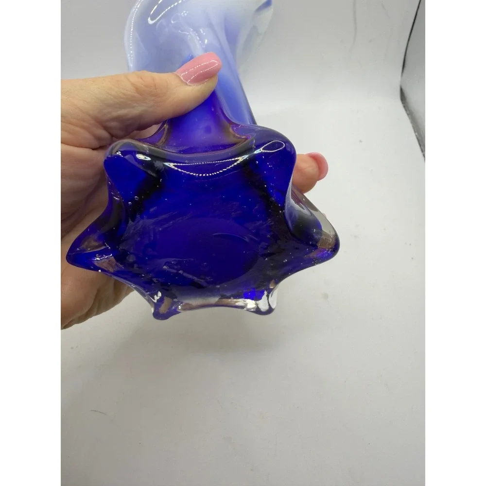 Cobalt Blue Art Glass Calla Lily Vase Hand Blown Twisted Stem 8.5 Inch Decor